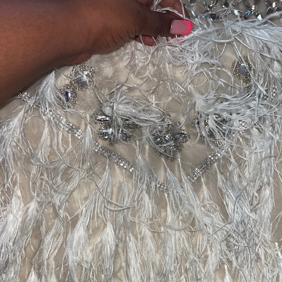 Short Feather Cocktail Backless Spaghetti Crystal Beads Mini Evening Gown - Picture 6 of 14